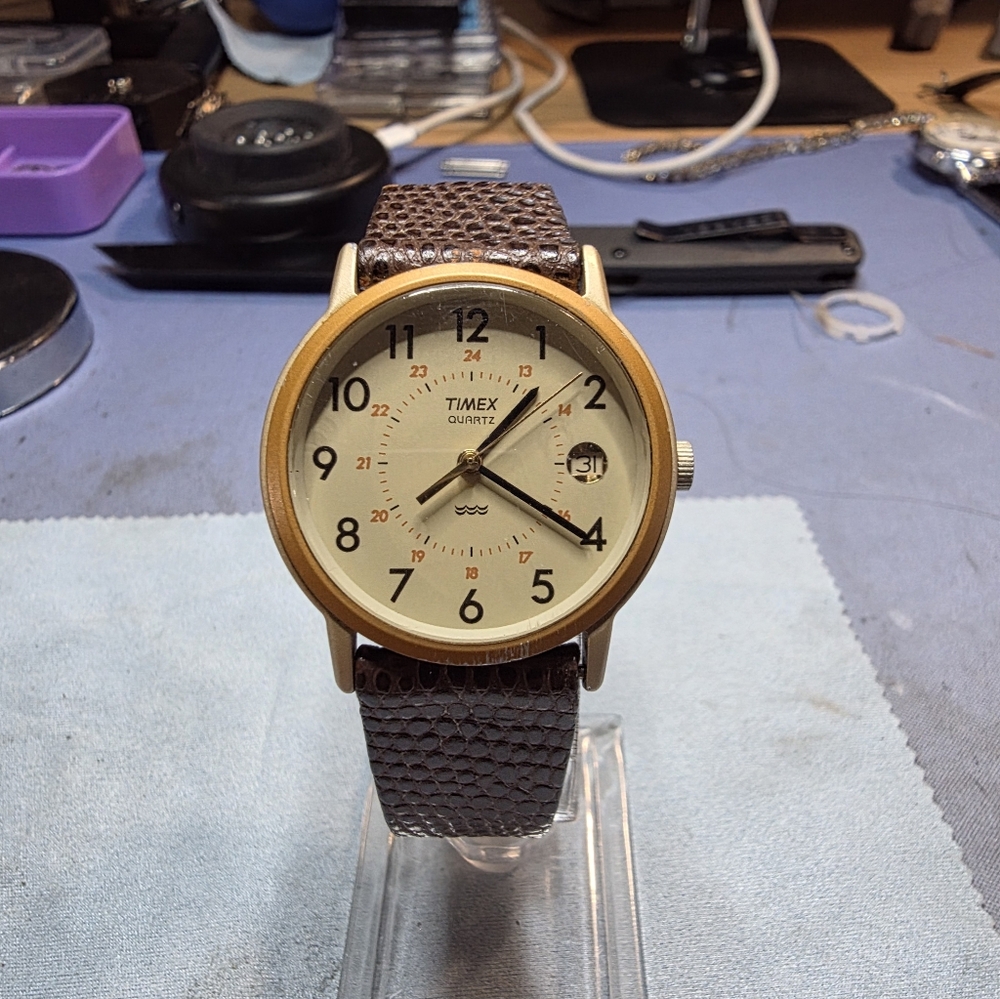 Timex Gold-Tone Watch with Brown Strap